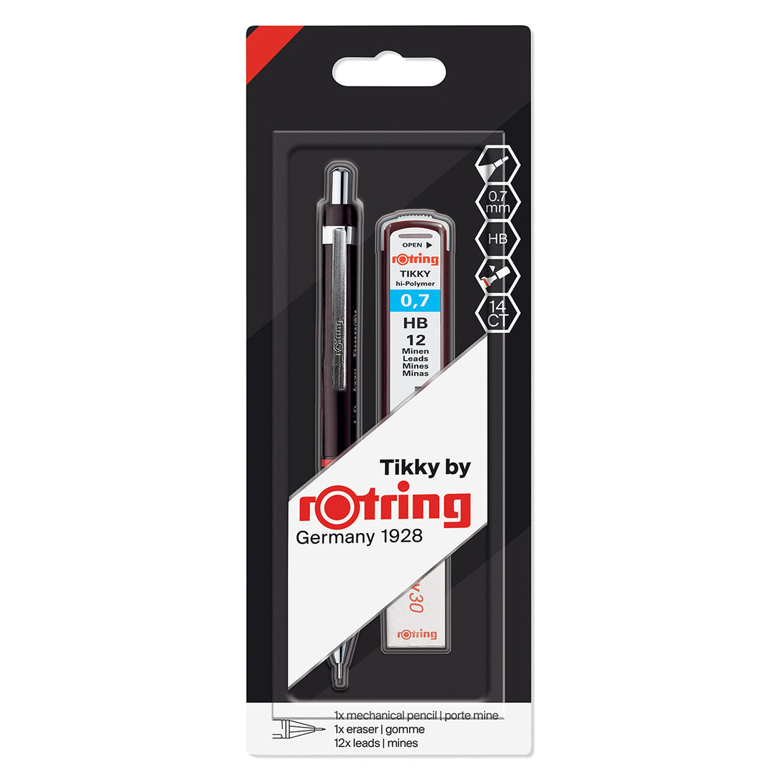 Rotring 1904816 Pack of 1 + Leads Erasor Tikky Mechanical Pencil Set, HB 0.7 mm, Barrel, Includes 12 and Eraser, Black