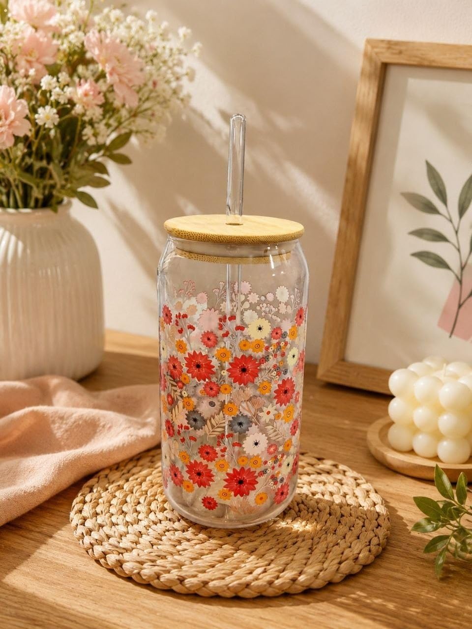 Floral Glass Iced Coffee Mug with Lid and Glass Straw, for Cold Drinks and Juices, .Ais