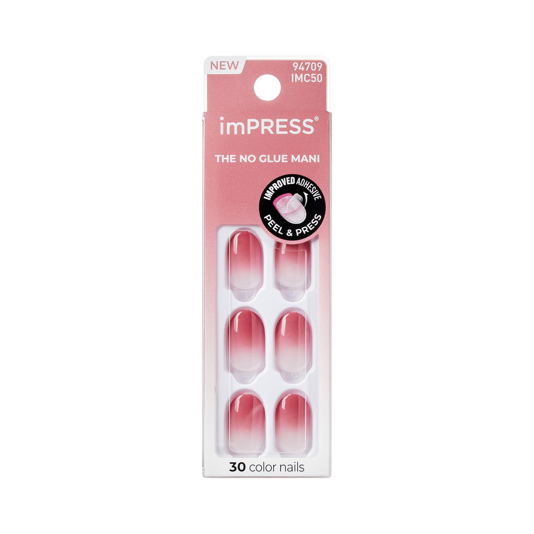 KISS imPRESS Press On Nails 'Beat The Heat' Pink Short Oval Shape Patented Strong Adhesive Nail Glue, No Chip, No Smudge, 30 False Nails Self Adhesive