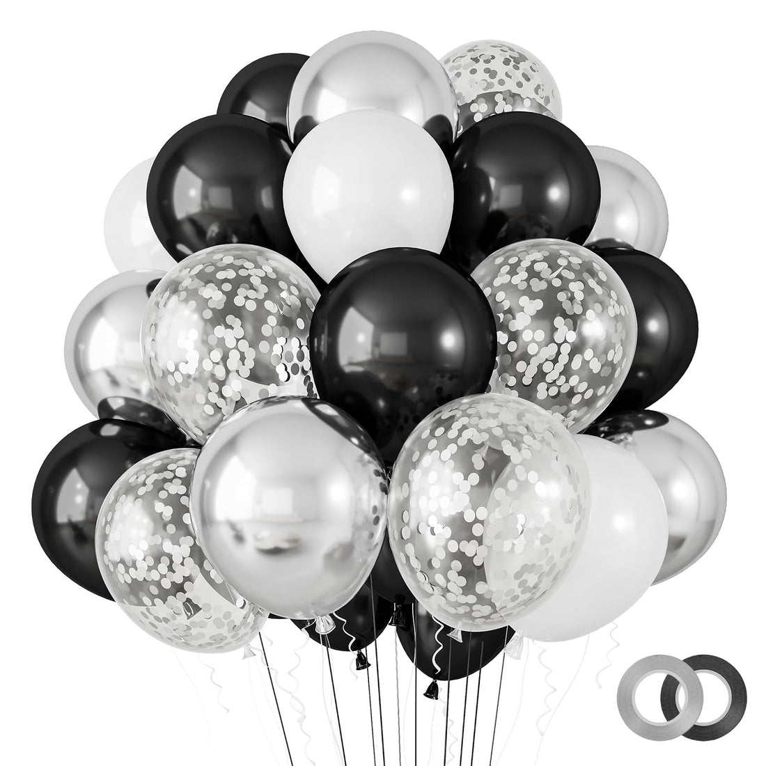 RUBFAC 100pcs 12 Inches Black and Silver Balloon Arch Garland Kit, Silver Chrome Metallic Balloons White Balloons Silver Confetti Balloons for Birthday Wedding Graduation Engagement Party Decorations