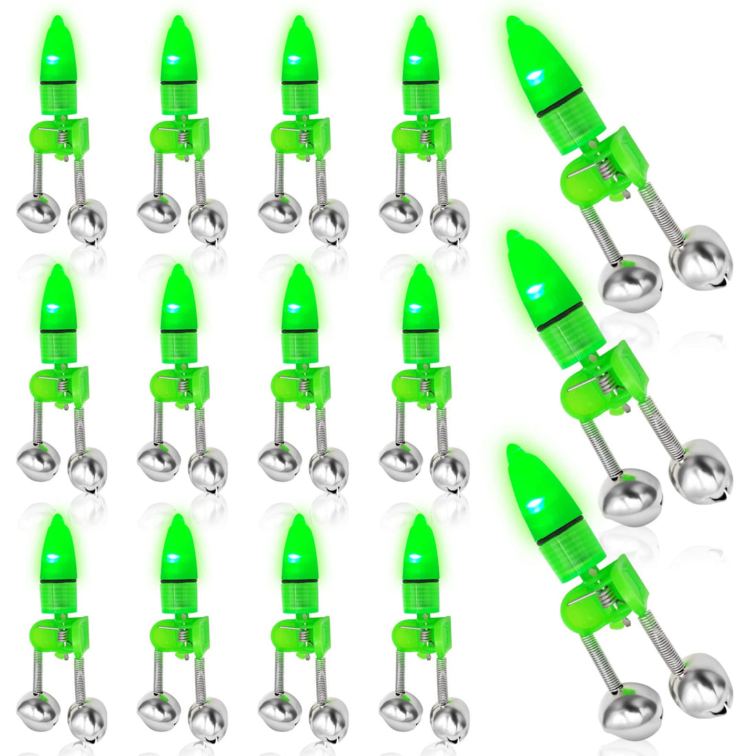 PALPORT 15Pcs Fishing Bells for Rods Clip on Night Green Light Fishing Pole Alarm Bell Best Fishing Accessories and Equipment