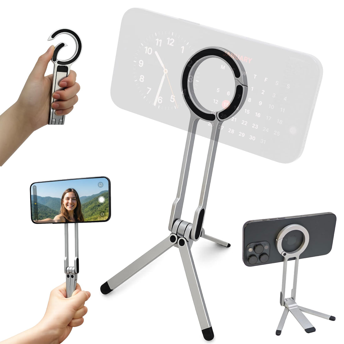 Aluminum Body Magnetic Phone Tripod Stand, 360 Tripod, Magnetic Ring Included for Android Phones, Strong Suction Travel Phone Tripod, Foldable Adjustable Design for Desk, Live Streaming, Vlogging