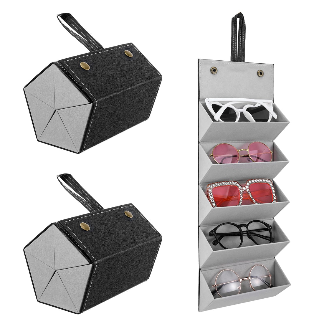 Abeillo 2Pcs Travel Sunglasses Organizer Case 5 Slots PU Leather Hanging Foldable Eyeglasses Case Multiple Glasses Storage Box for Men Women
