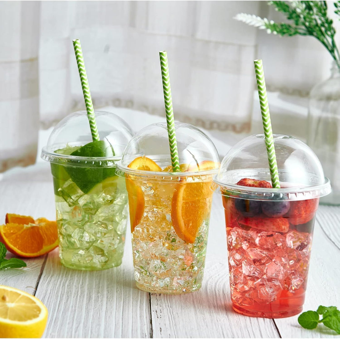 Pack of 100 ClearPro Crystal PET Cups with Dome Lids – Premium Disposable Transparent Cups for Iced Coffee, Smoothies, Juices, Milkshakes & Bubble Tea | Leak-Resistant Airtight Lids (12OZ ≈ 355 Milli)