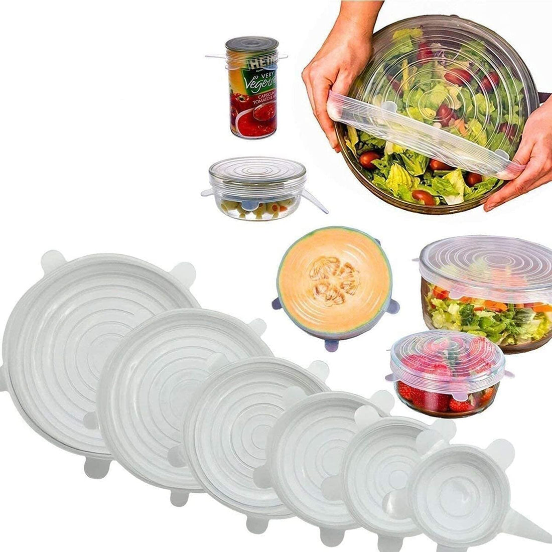 DELFINO Silicone Cover, Silicone Stretch Lid, Silicone Covers for Bowls, Reusable Durable Food Storage Lid, Eco Lids, Suitable for Containers of Different Sizes and Shapes, Freezer Safe (6PCS)