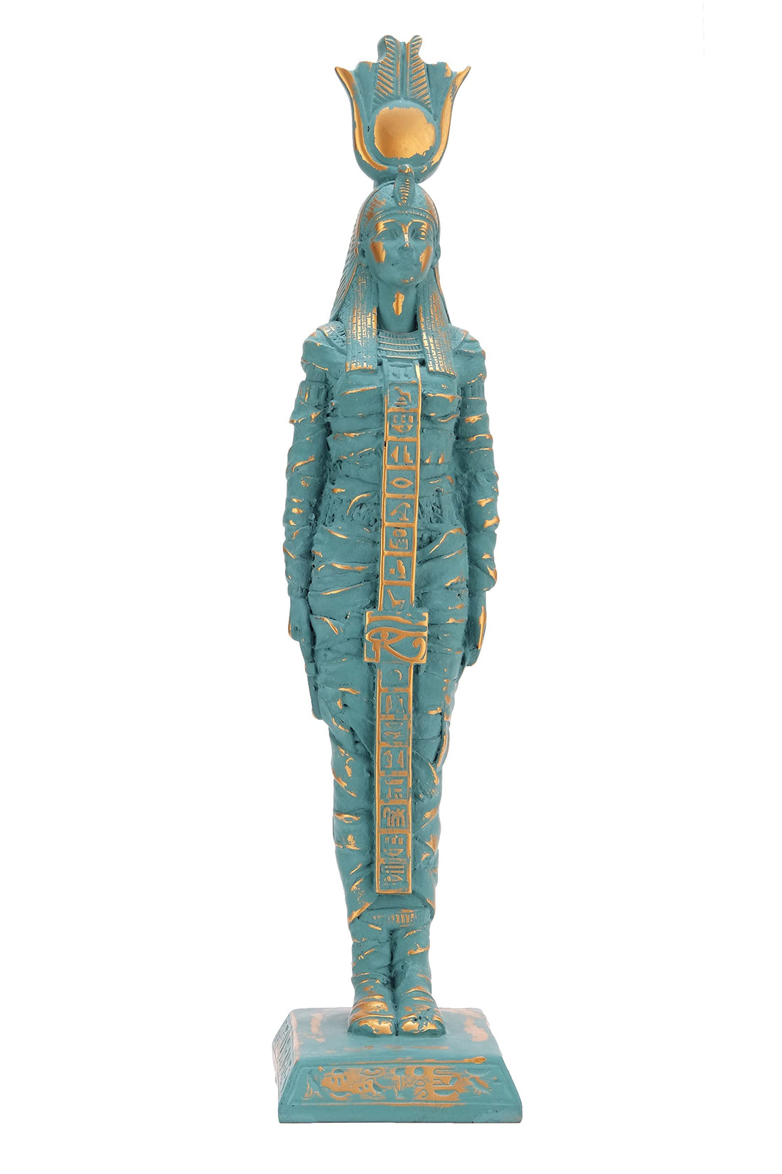 Ancient Egyptian statue of goddess Isis large green statue with gold antique color contains eye of Horus solid stone made in Egypt.