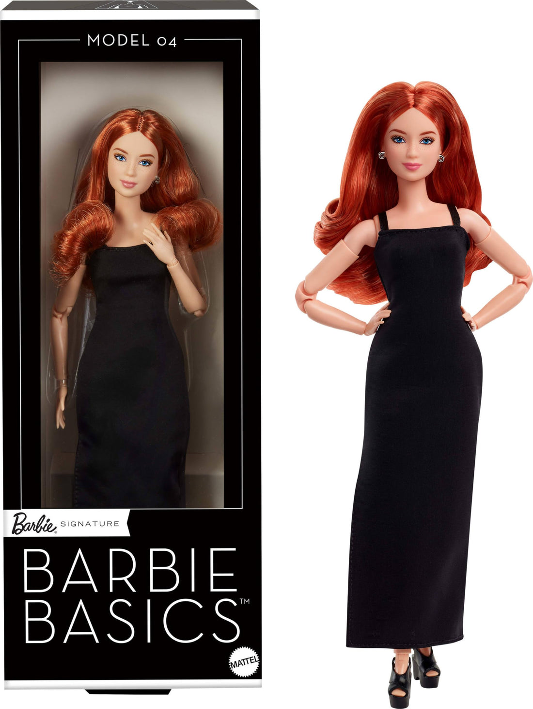 Mattel Barbie Basics Model 04 Collector's Doll with Curly Red Hair, Black Mini Dress and Boots, Interchangeable Clothes with Other Dolls, Articulated Small Body and Interchangeable Head, JBH74