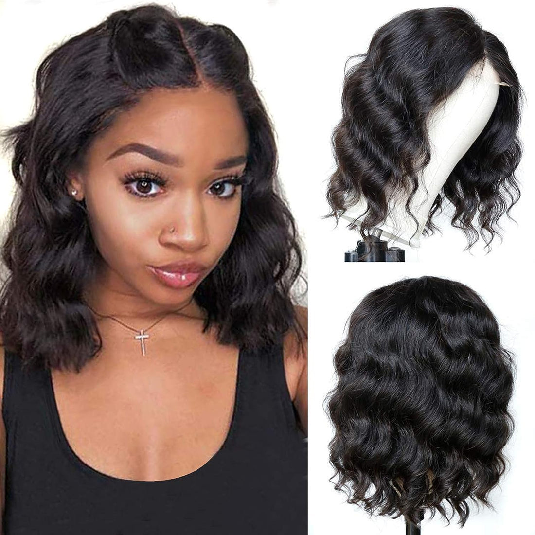 ECIF Short Bob Wavy Wigs, Shoulder Length Natural Short Curly Wig Pastel Synthetic Fiber Hair For Women Girls Daily Party Cosplay Use (12 Inch, Black)