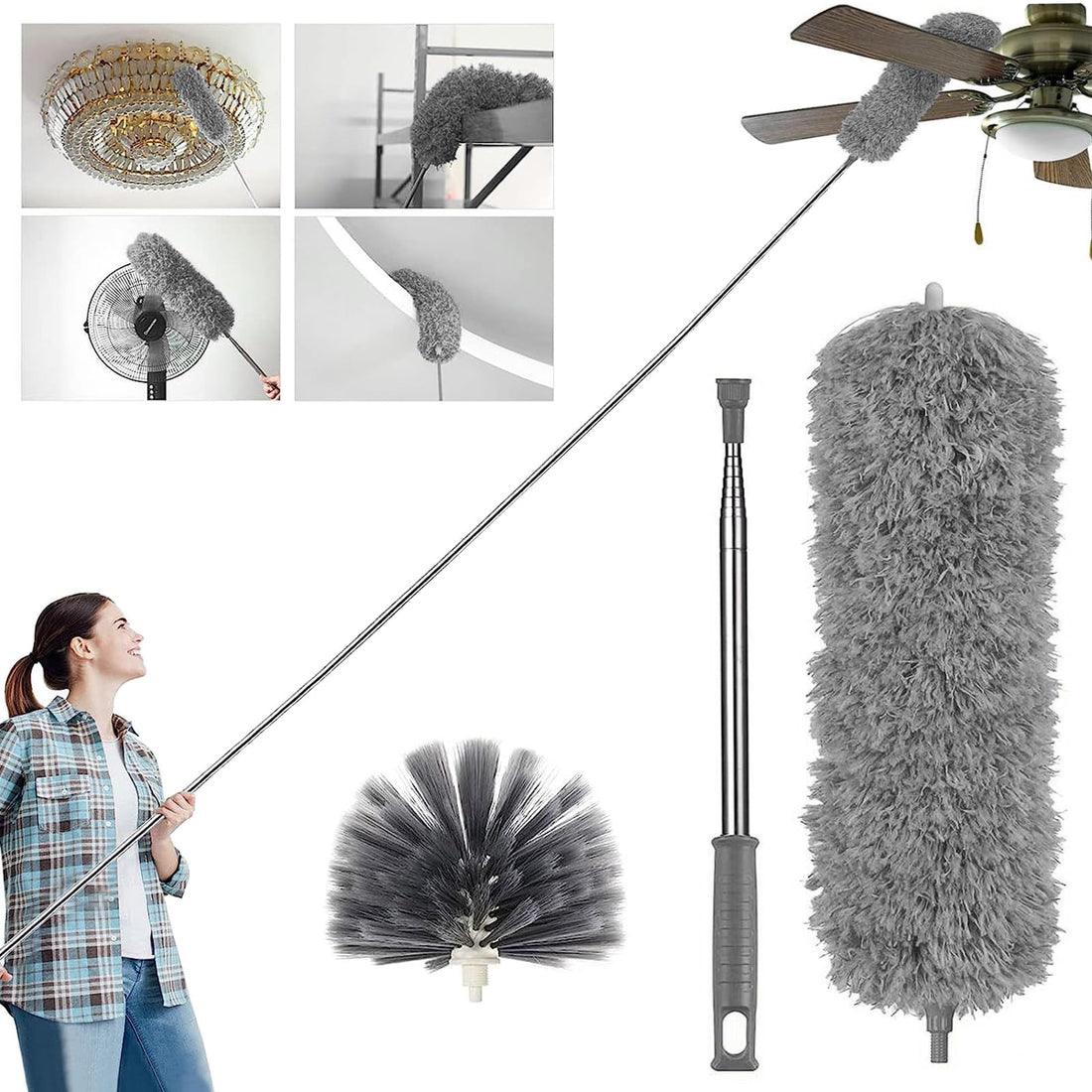 Necomi Feather Duster, Duster with Extra Long Extension Pole, Microfiber & Domed Cobweb Double Replacement Heads Extendable Dusters, Scratch Resistant for Cleaning High Ceiling Fan, Cars