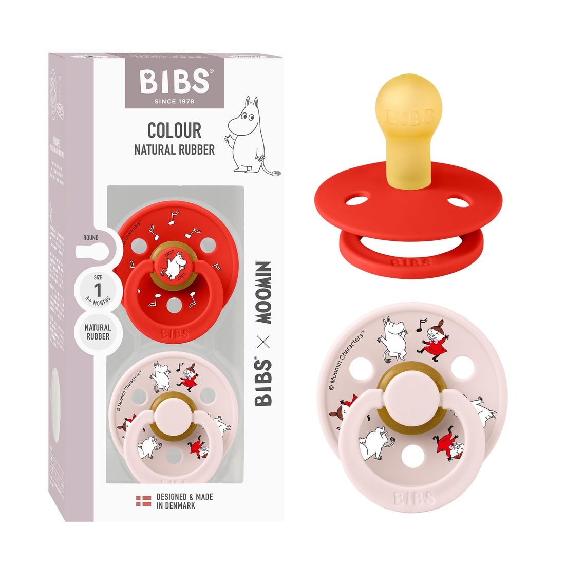 BIBS Colour Moomins Pacifier 2-Pack, BPA Free Pacifier, Round Nipple. Natural Rubber Latex, Made in Denmark, Size 1 (0-6 Months), Candy Apple/Petal