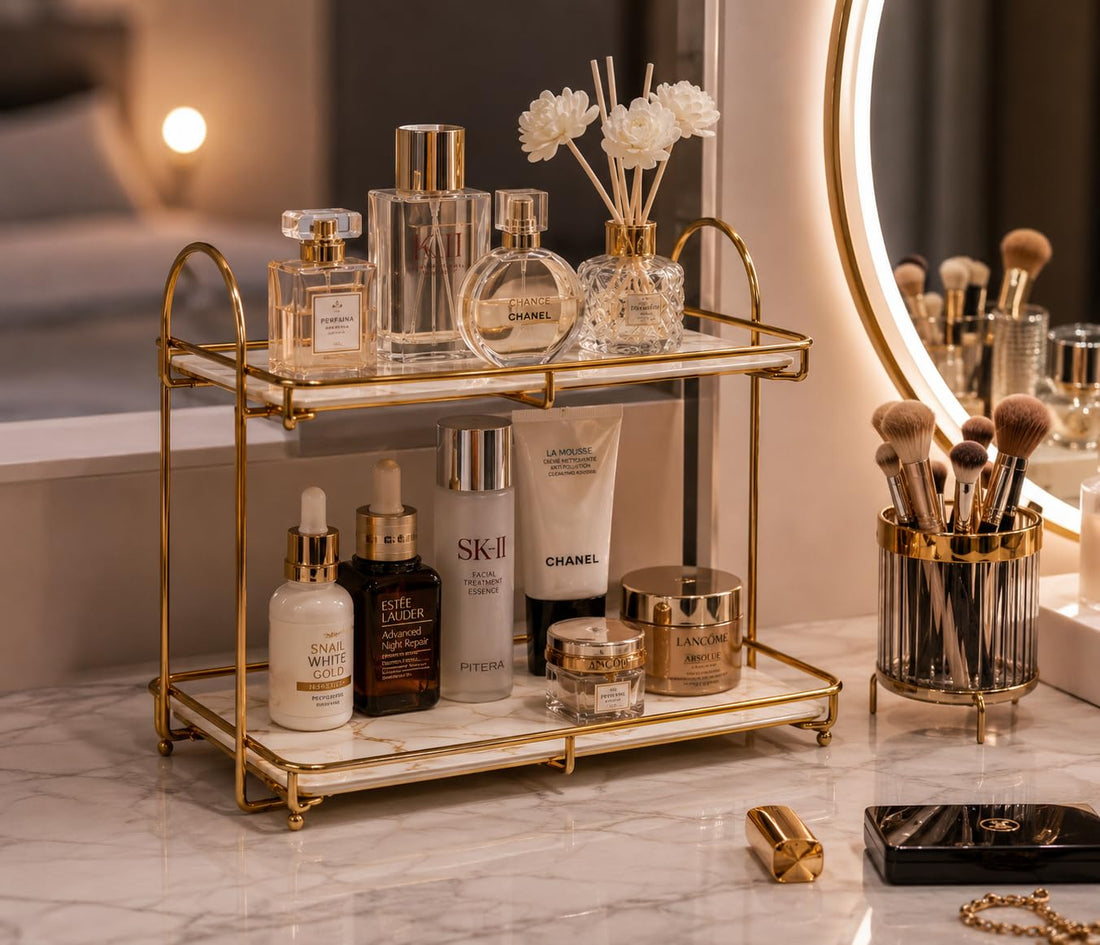 Gold 2-Tier Makeup Organizer Stand, Luxury Vanity Storage Rack for Cosmetics, Skincare & Perfumes, Rust-Resistant Metal Frame with Marble-Look Shelves, Bathroom & Dressing Table Organizer, 29 x 20 x 2