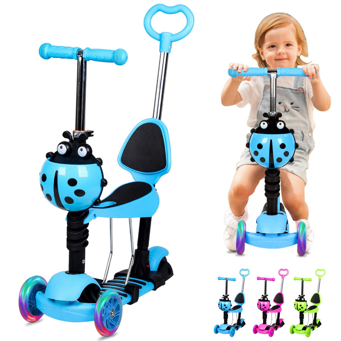 5 in 1 Kids Scooter, 3 Wheels Kick Scooter with LED Flashing Light, Adjustable Removable Handlebar & Seat & Push Handle for 2-8 Years Old Boys and Girls