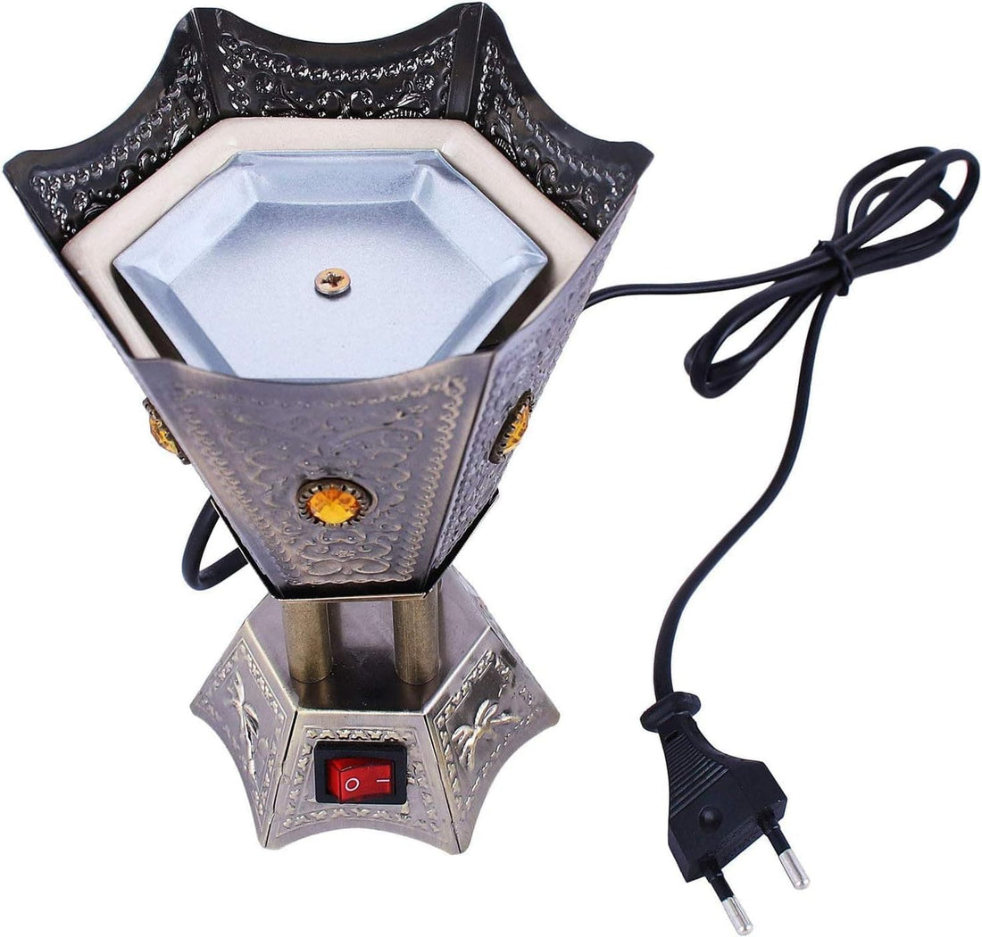 Premium Hexagonal Electric Incense Burner – Stainless Steel Incense Burner with Elegant Crystal Base – Electric Incense Burner for Bakhoor and Oud Without Charcoal or Ash – Modern Design (Silver)