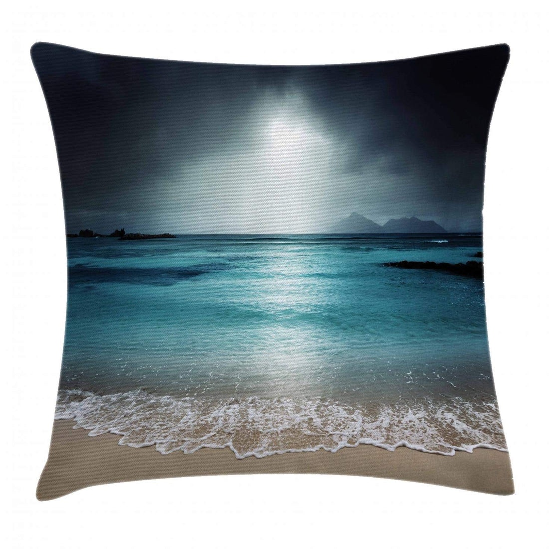Ambesonne Tropical Throw Pillow Cushion Cover, Storm Sky on The Beach of La Dugue Island Seychelles Dramatic Scene, Decorative Square Accent Pillow Case, 18" X 18", Petrol Blue