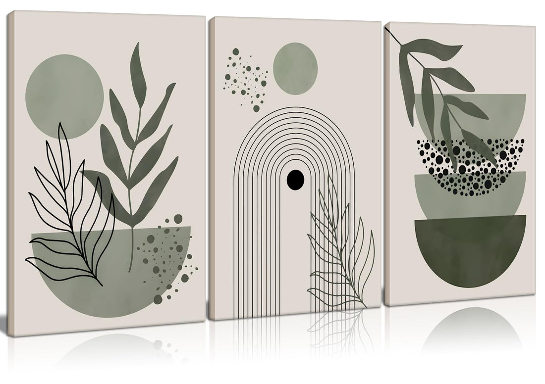 3Pcs Framed Boho Wall Art Sage Green Wall Decor Posters & Prints Minimalist Geometric Line Leaf Sun Moon Beige Canvas Artwork Paintings Room Bedroom Bathroom Office 16x24inch Ready to hang