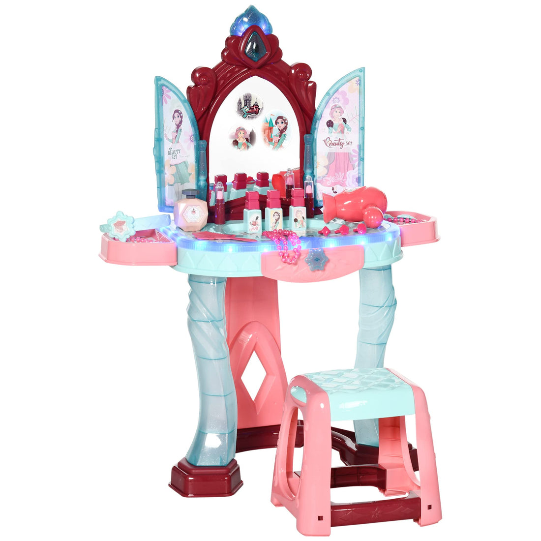 AIYAPLAY 31 Pieces Kids Dressing Table Set with Magical Princess Mirror, Music Lights, Makeup Accessories, Hair Dryer, Chair, Drawer for Ages 3-6 Years