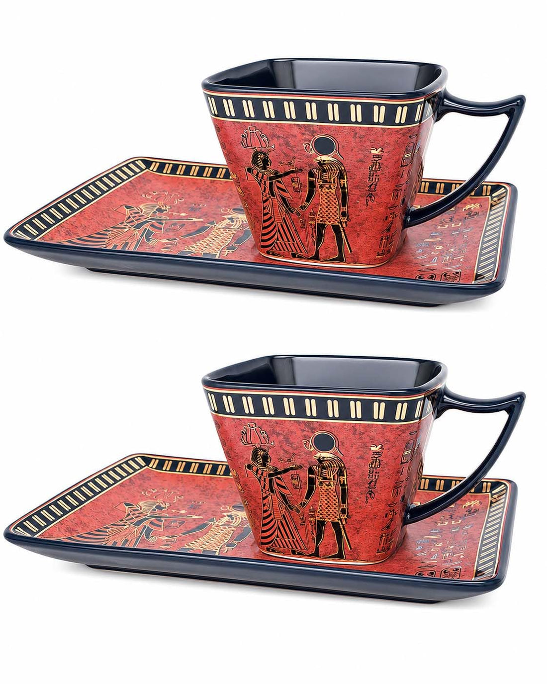 pack of 2 Coffee mug and 2 of it's plate of immatgar pharaonic Coffee mug ancient Egyptian souvenirs gifts for women and men from Egypt - mother day gifts (2kings - square - red - 75 MM)