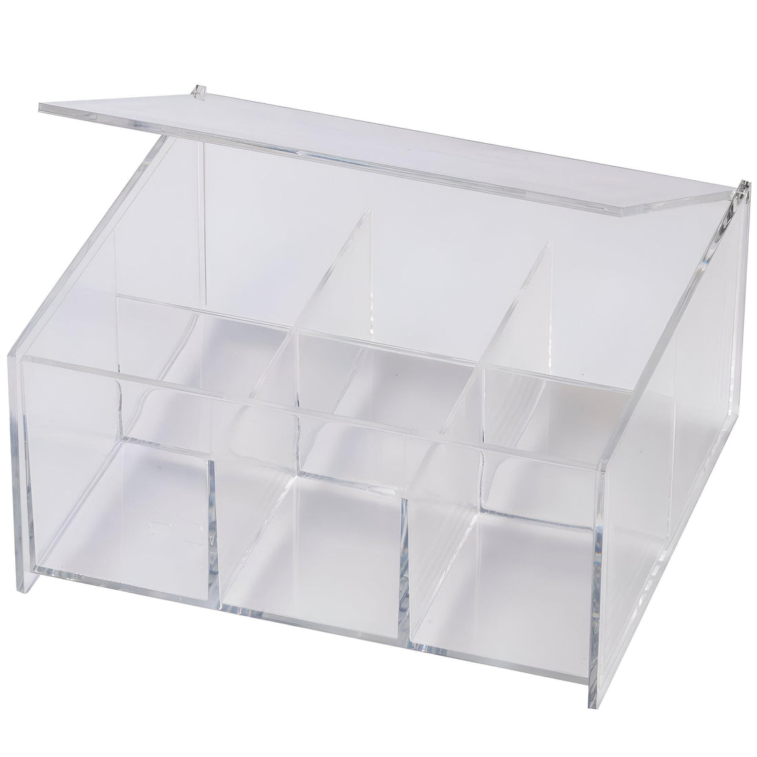 Storage Box - Durable multi-purpose acrylic organizer with 6 divided spaces for neatly storing tea, coffee, herbal sachets, sewing accessories, spices, cosmetics, or medical supplies