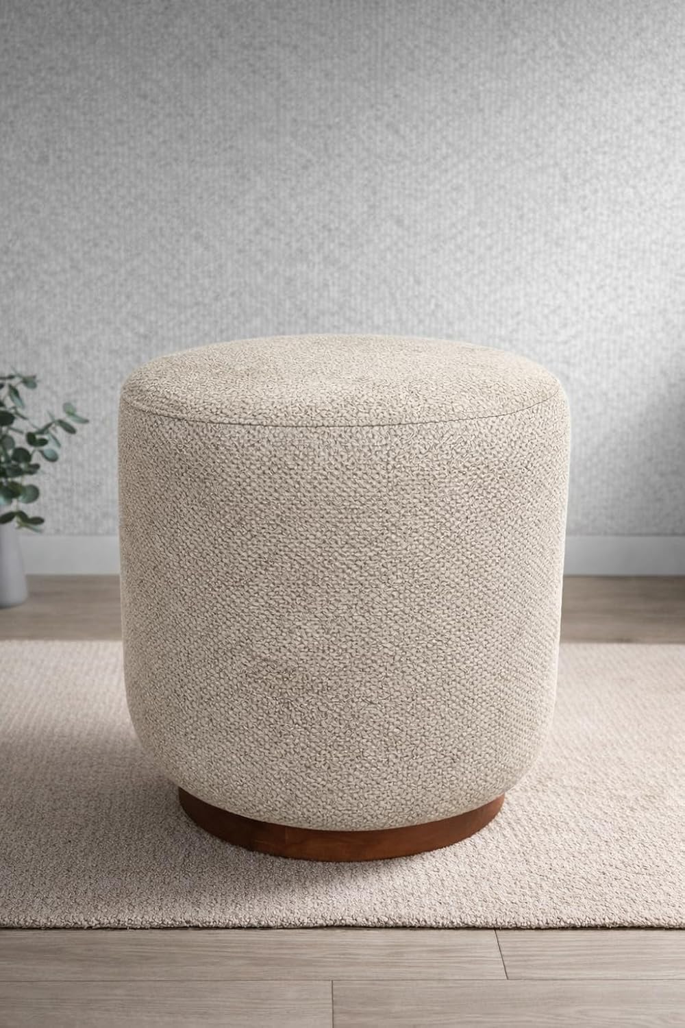 Elegant Round Pouf, Beech and Plywood with High Density Foam, Premium Fabric, Durable, Beige, Dressing Chair or Extra Bench for Living Room