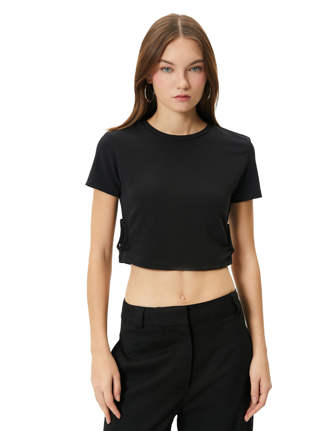 KOTON womens Crop Cut Out Detail Short Sleeve Crew Neck Tshirt