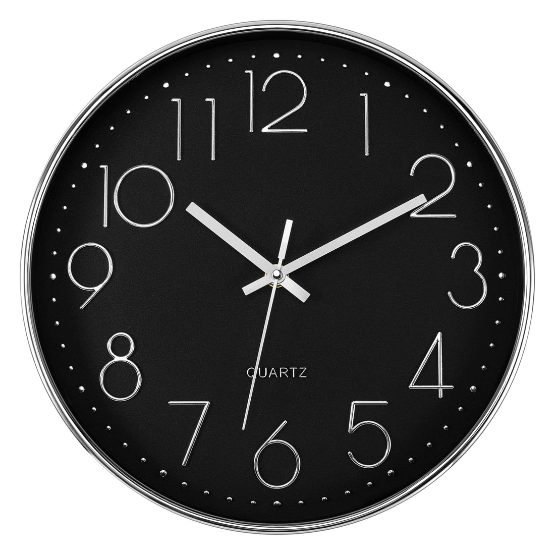 Foxtop Silver Wall Clock Silent Non-Ticking Battery Operated Quartz Round Wall Clock for Living Room Bedroom Home Office School Decor (12 Inch, Black Dial)