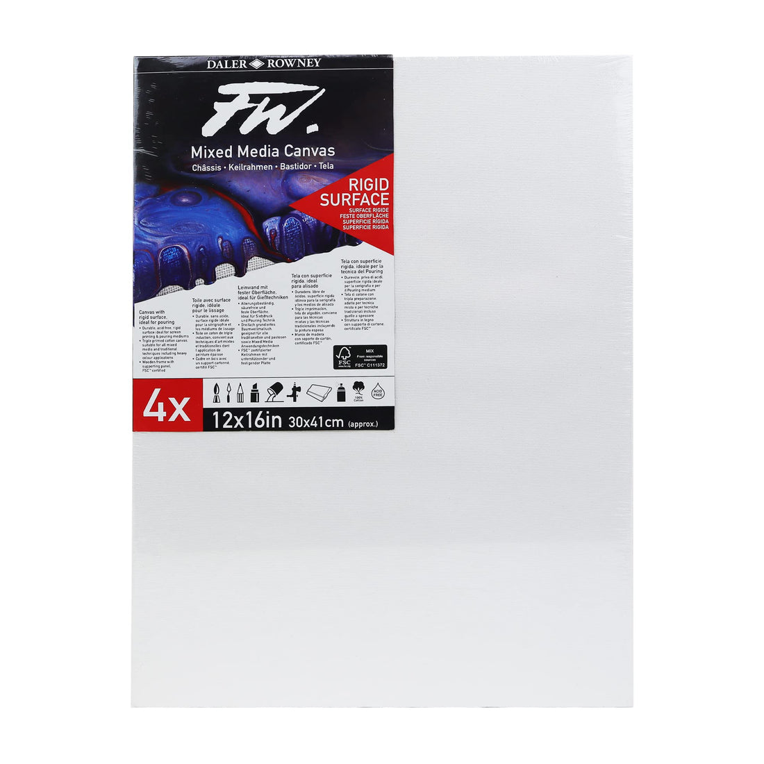 Daler-Rowney FW 12 x 16in White Stretched Canvas, Medium Grain, 10mm Deep, 4 Pack, Ideal for Professional Artists