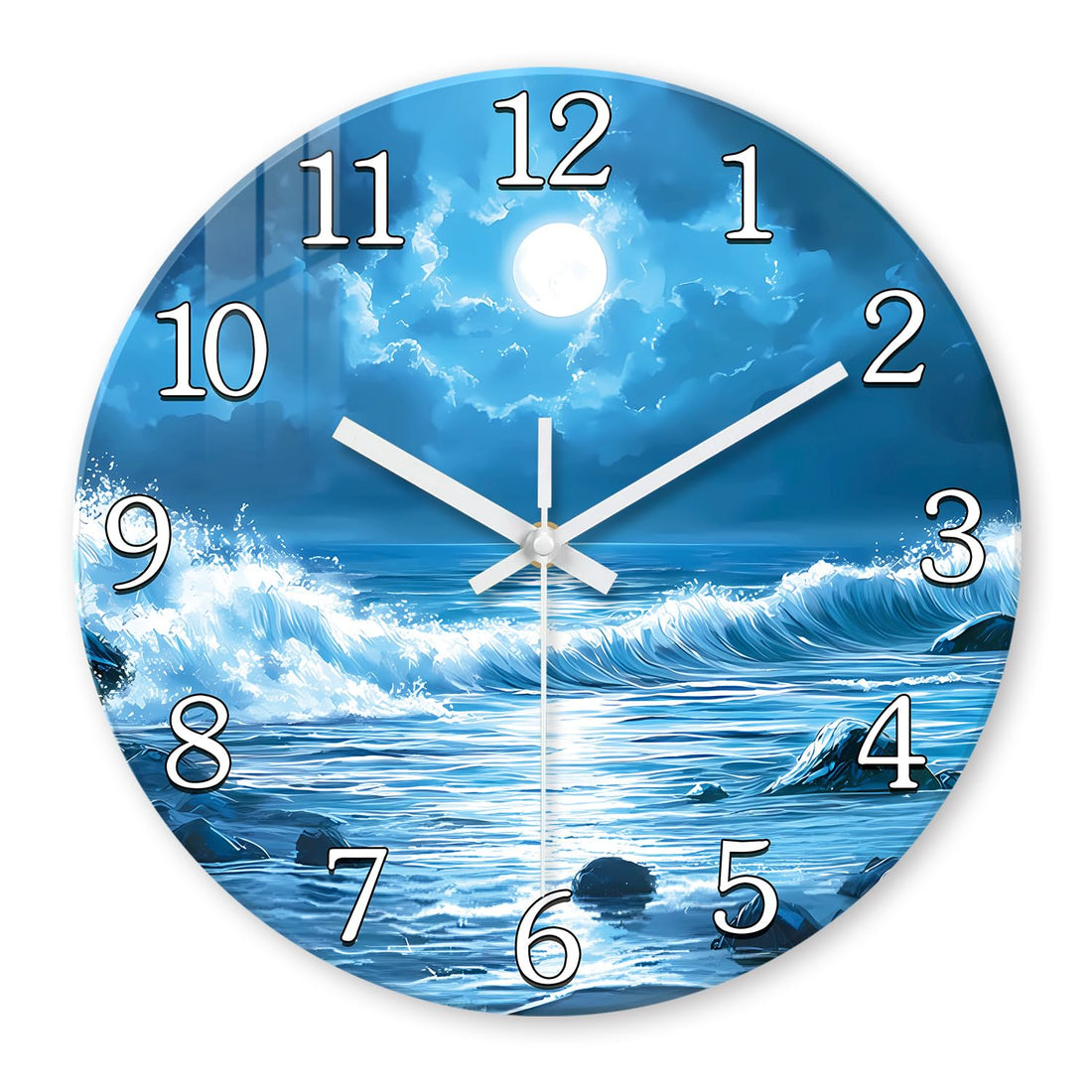 XFM Blue Wall Clock Battery Operated 12 Inch Silent Non-Ticking Glass Clocks Moon Ocean Wave Round Clocks for Kitchen Bedroom Bathroom Decor