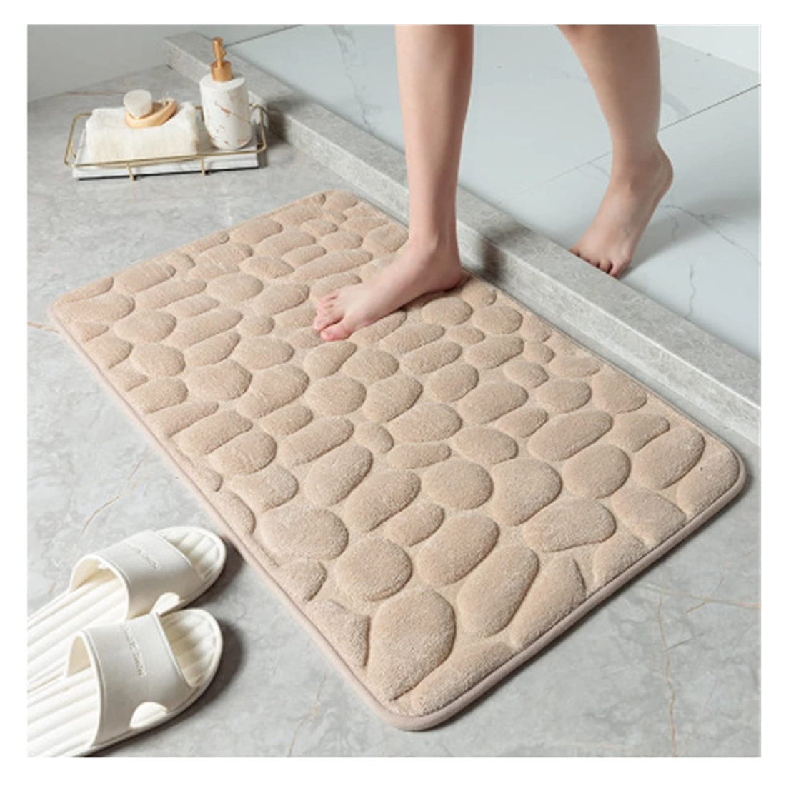 Cobblestone Embossed Bathroom Bath Mat, Non-Slip Rug, Sink, Bathtub Side Rug, Shower Door Mat, Soft and Comfortable Memory Foam Mat (Color : Khaki, Specification : 40x60cm)