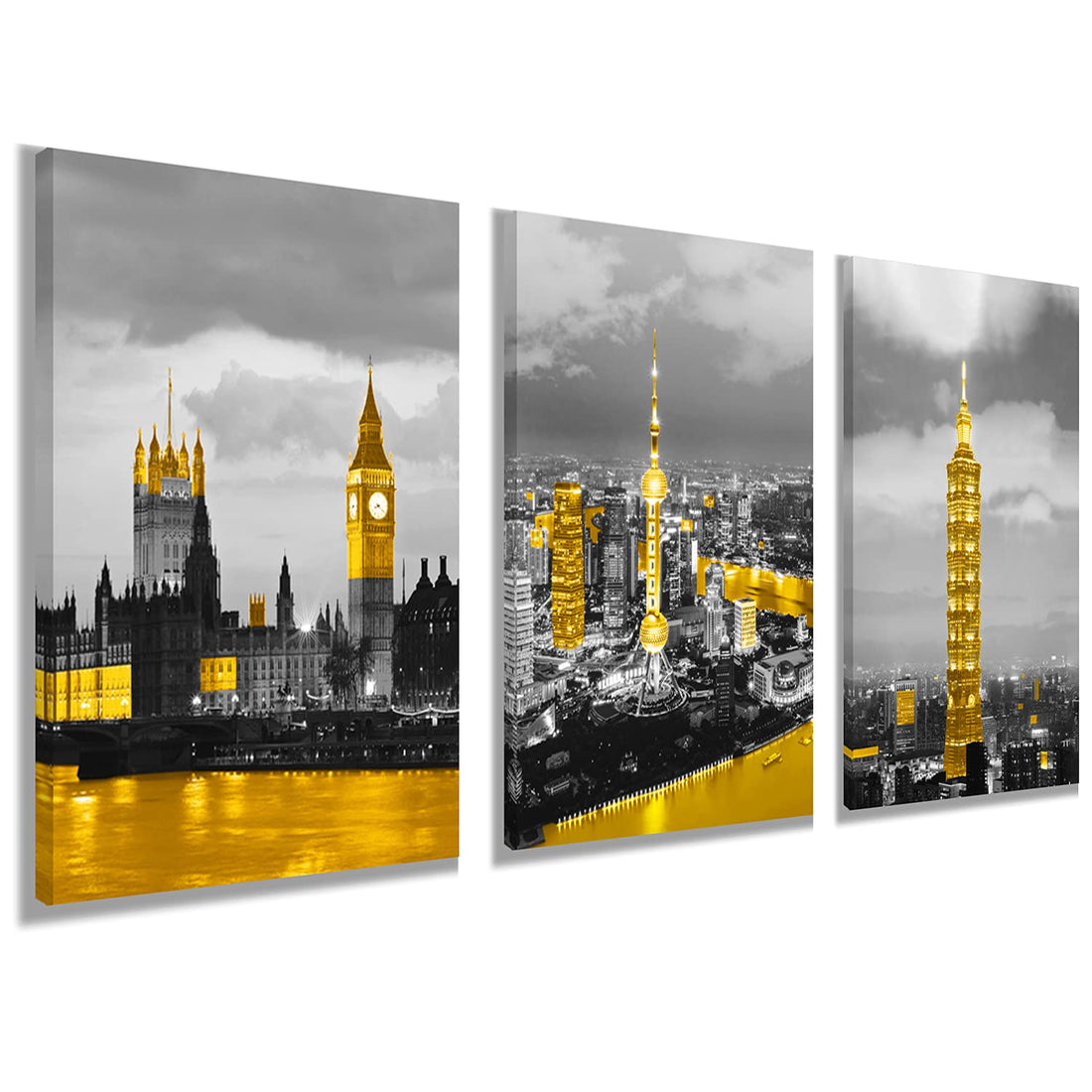 Big Ben in London for Decor Wall Art - Golden building Taipei 101 Building and Shanghai Oriental Pearl Tower Contemporary for Living Room Bedroom Office Wall Decor Ready to Hang