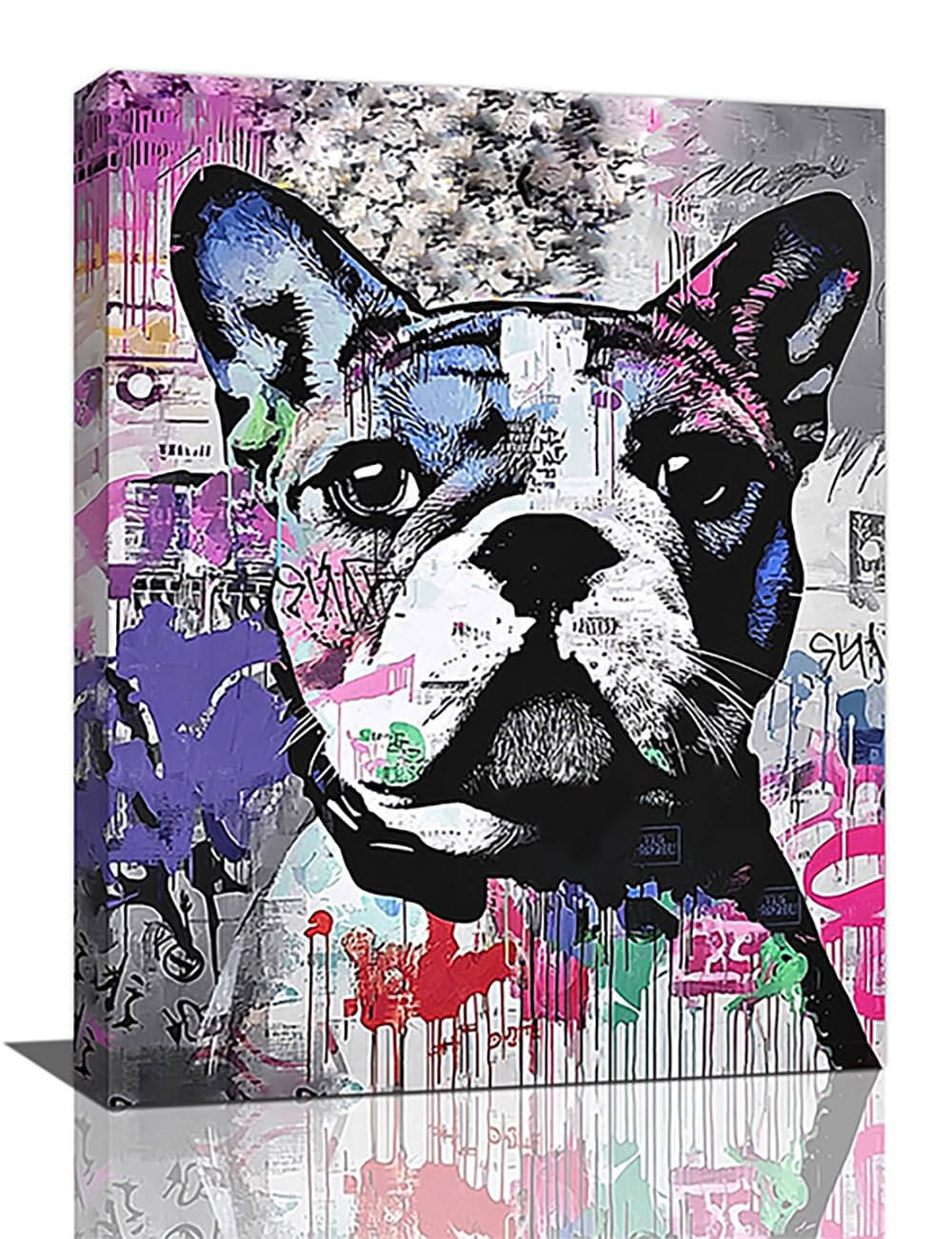 Funny French Bulldog Canvas Wall Art Banksy Graffiti Dog Pictures Wall Decor English Bulldog Painting Prints Artwork Decorations for Bathroom Bedroom Living Room Framed Gifts 12" X 16"