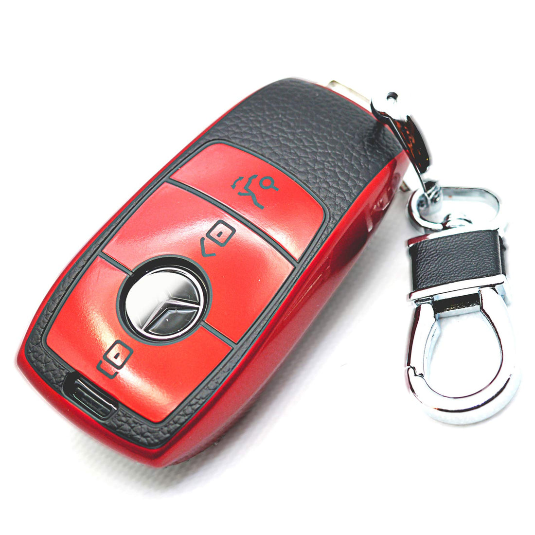 for Mercedes Benz Key Fob Cover with Leather Keychain, Advanced Soft TPU Surface Leather Grain Key Fob Holder for New Mercedes Benz Smart Key(Red)