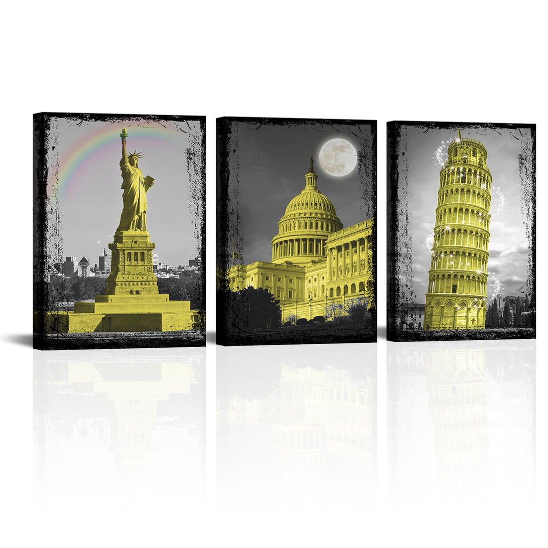 Sepwrol 3Pcs Leaning Tower Statue of Liberty White House Canvas Wall Art, City Building Cityscape Prints Canvas Wall Decor, 12"x16" Modern City Landscape Printing Artwork for Office Home Bedroom