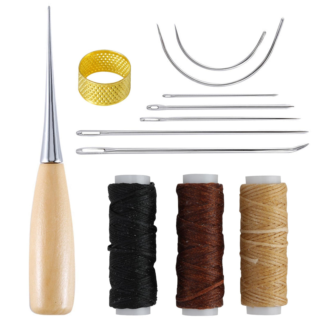 Leather Sewing Needle 12 Pieces 12 m Waxed Thread Kit Curved Hand Sewing Needles with Stitching Awl Thimble and Waxed Thread for Fur Canvas DIY Repair Leather Hand Stitching Bookbinding Embroidery