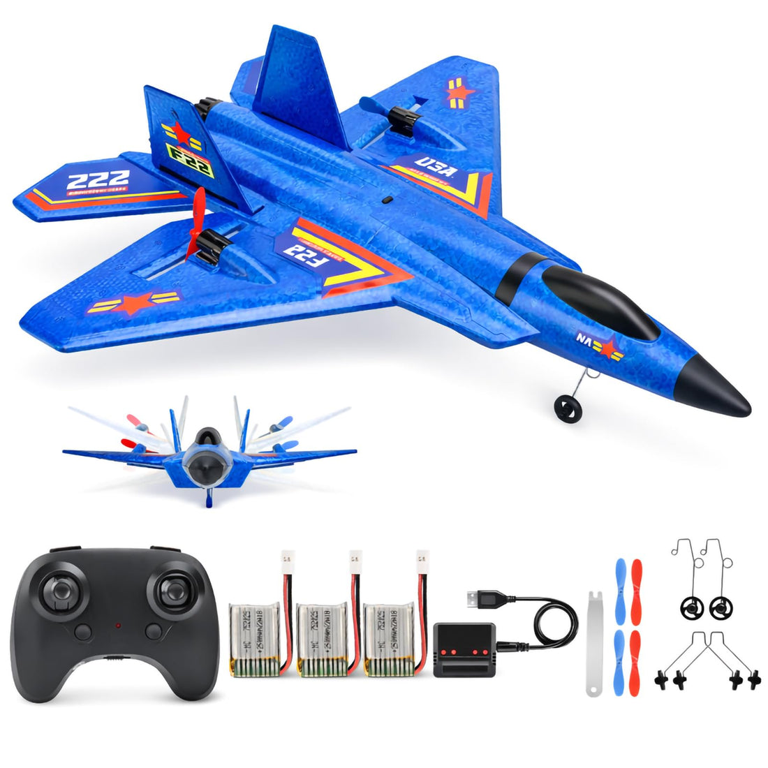 ANTSIR Remote Control Plane RTF F-22 Raptor, 2.4Ghz 6-axis Gyro RC Airplane with Light Strip, Jet Fighter Toy Gift for Kids Beginner (Blue)