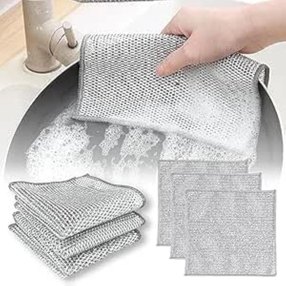 Generic 3 Pcs Multipurpose Square Wire Cleaning Towel, Stainless Steel, Grey, 21 x 21 cm, Scratch Free, Machine Washable