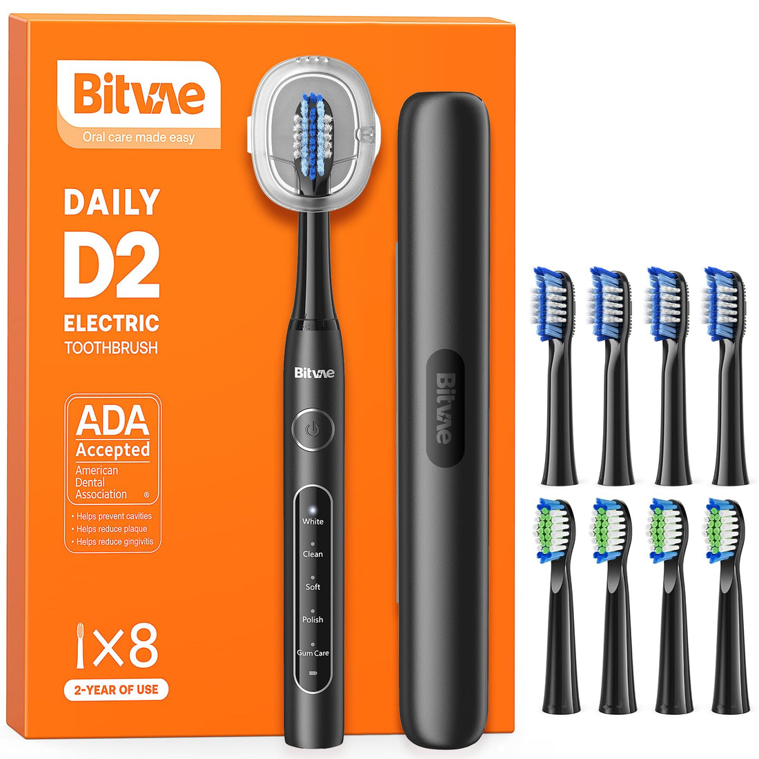 Bitvae D2 Electric Toothbrush for Adults and Kids, Rechargeable Sonic Toothbrush, Travel Ultrasonic Toothbrush, Soft Toothbrush with 8 Heads and 5 Modes (A-Black)
