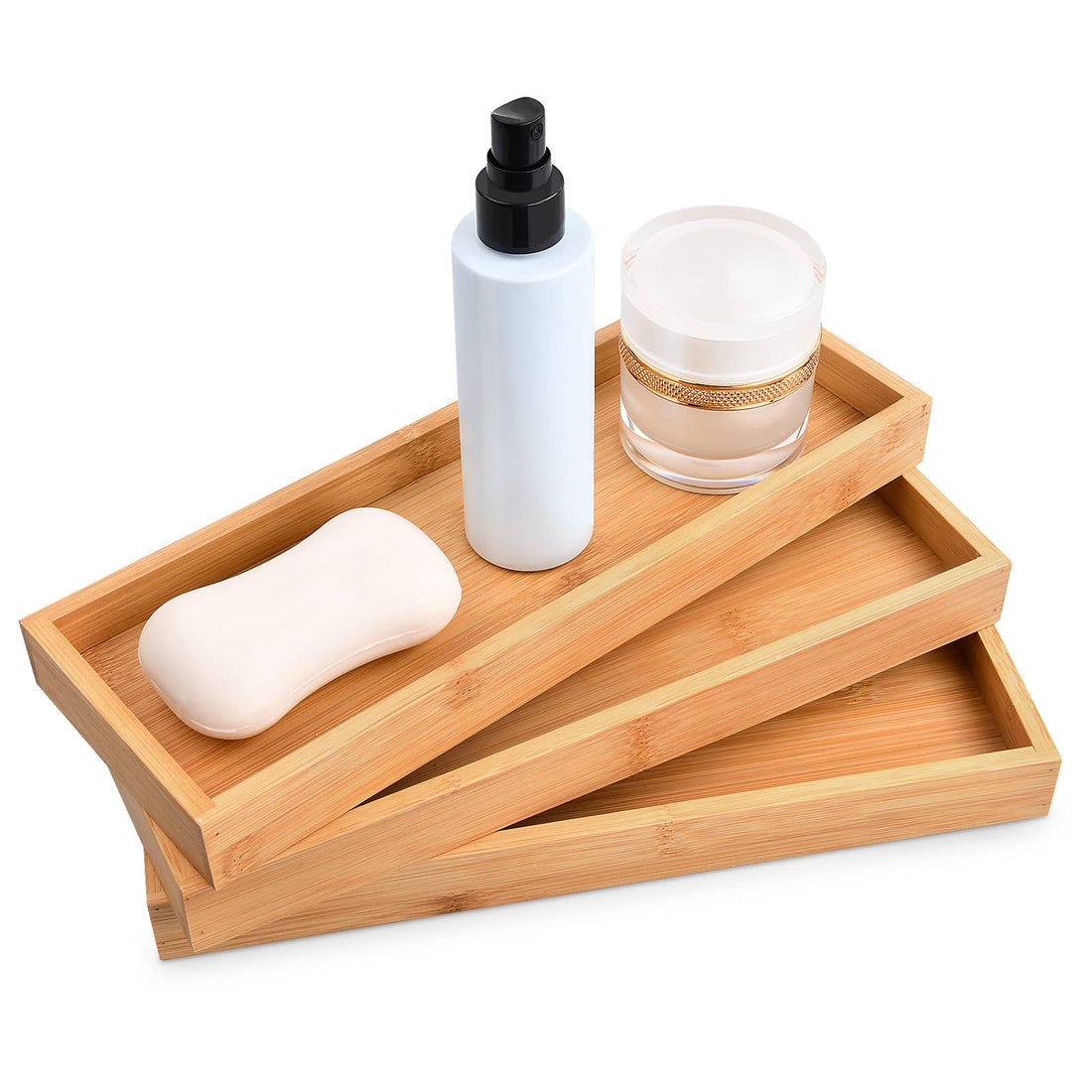 3 Pcs Bamboo Plant Saucer Flower Succulent Tray, Wooden Rectangular Tea Serving Plate, 11 x 4 Inch Decorative Bathroom Wooden Counter Trays with Edges for Food Coffee Tea Snack Tissues Candles