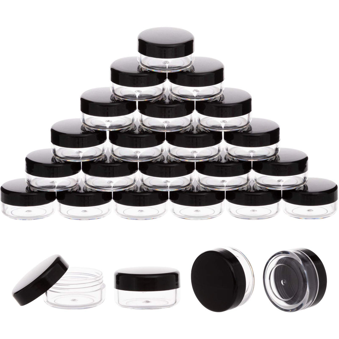 100 Pack 3 Gram Sample Containers with Lids, 3ml Mini Sample Jars, Tiny Plastic Cosmetic Containers for Lip Balms, Makeup, Lotion, Eye Shadow, Powder, and Lip Balms (Black Lids)