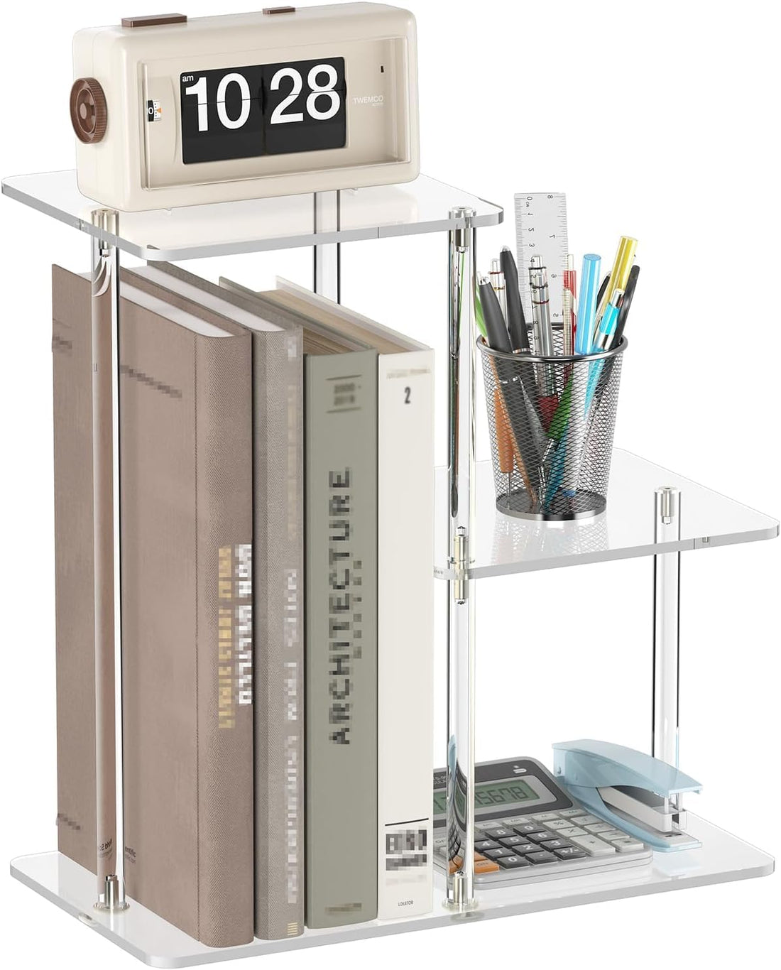 Best Media Acrylic Desktop Bookshelf, 3-Tier Mini Tabletop Organizer for Office Supplies, Desk Accessories and Books, Clear, 20.1 x 38.1 cm