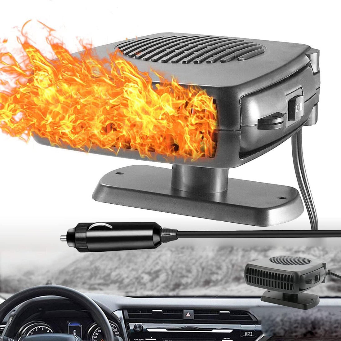Tazweeq 12V Car Heater, Portable Windshield Defogger and Defroster 200W Fast Heating&Cooling Fans with Cigarette Lighter Plug 360 Degree Rotary Base