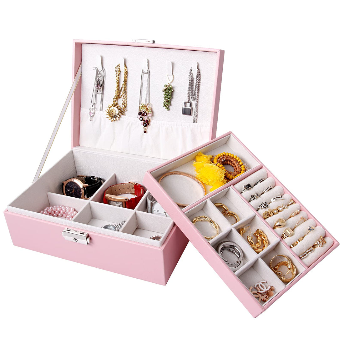Jewelry Box water proof PU Leather earring organizer box Portable Travel Double layer Jewelry Storage Case for Rings Earrings Necklace Bracelets Storage Box for Girls Women