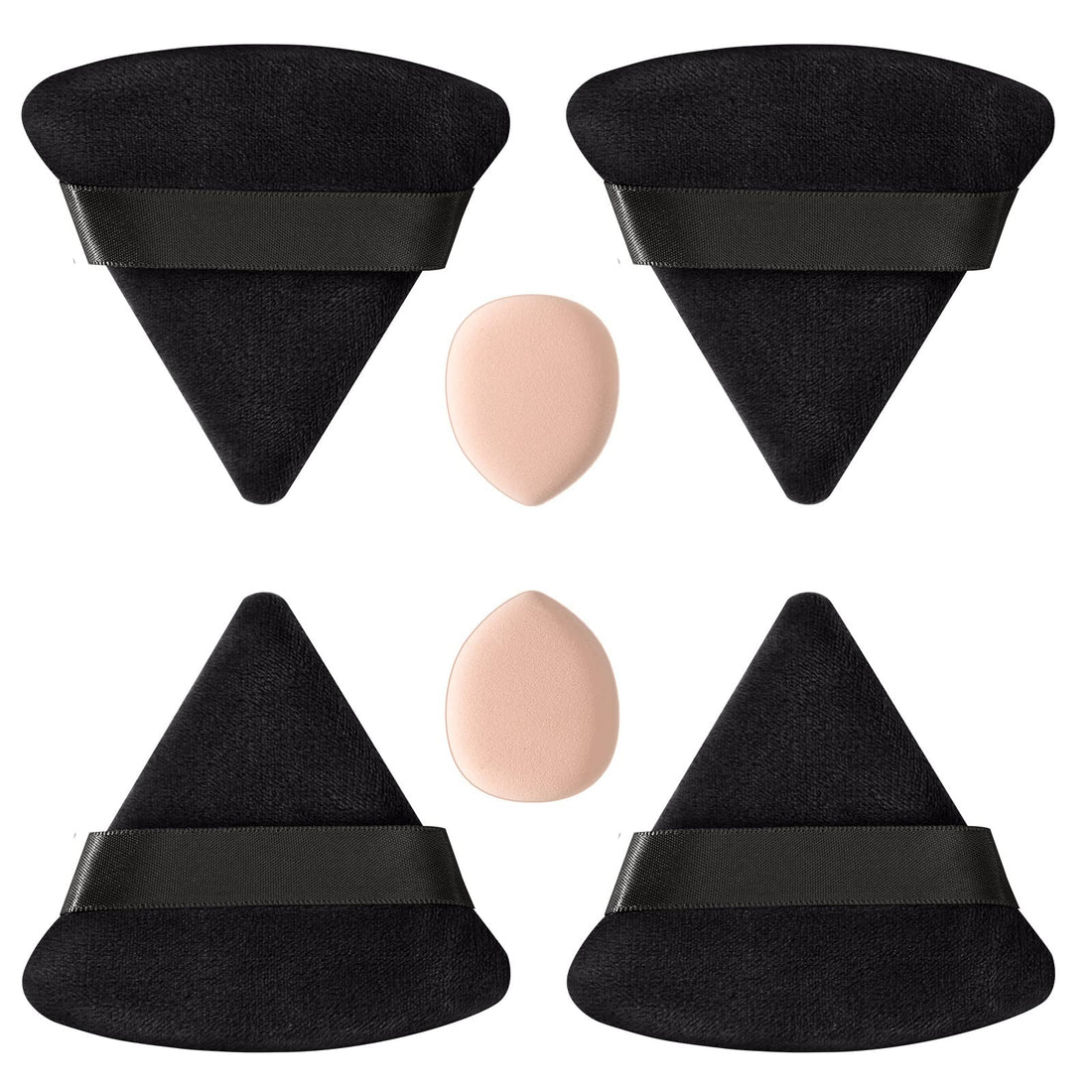 4 Triangle Powder Puff 2 Mini Finger Makeup Sponge Pads, Velvet Setting Make Up Puff Face Eyes Beauty Blender Sponge, Reusable Wet Dry Foundation Sponges for Pressed/Loose Powder Applicator (Black)