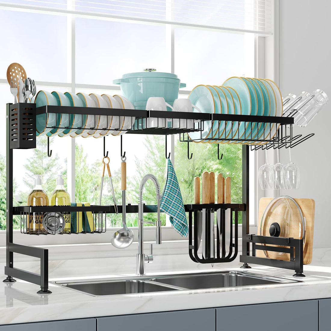 MAJALiS Dish Drying Rack in Sink, Small Dish Drainers for Kitchen Sinks, Expandable Over The Sink Dish Racks with Utensil Holder, Stainless Steel Plates Drying Rack, Black