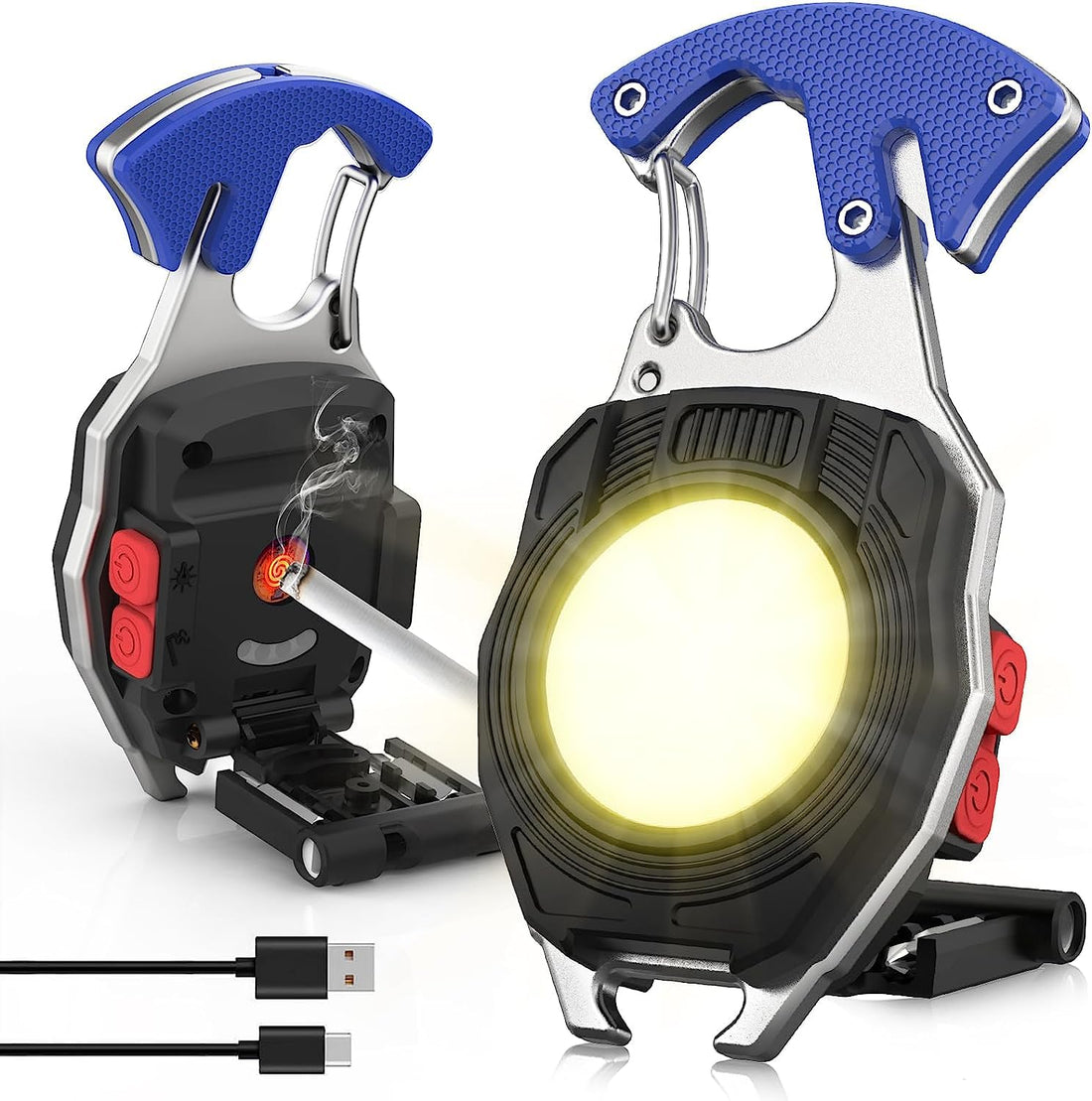 BONZELLA 4 in 1 Keychain LED Rechargeable Flashlights with Lighter, Whistles, Screwdriver, Bottle Opener, Magnet Base 800 Lumens, Portable Emergency COB Light for Outdoor Hiking