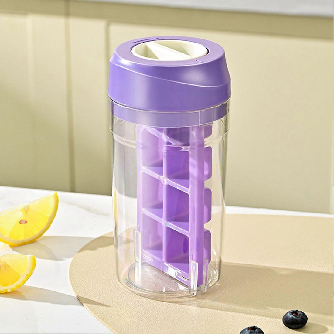 Dollar Water Bottle with Inner Ice Mold, Clear with Airtight Lid, Purple, for Cold Drinks, Juices, Housewares Import
