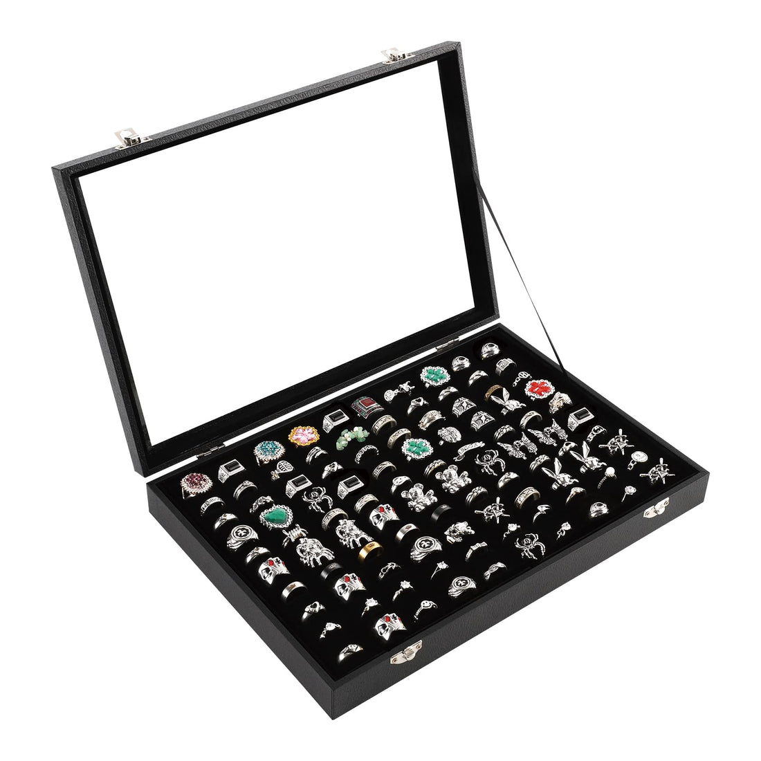 100 Slots Ring Case Organizer Display Box,Rings Holder Storage Boxes for Jewelry Showcase with Glass Lid (Black Velvet).