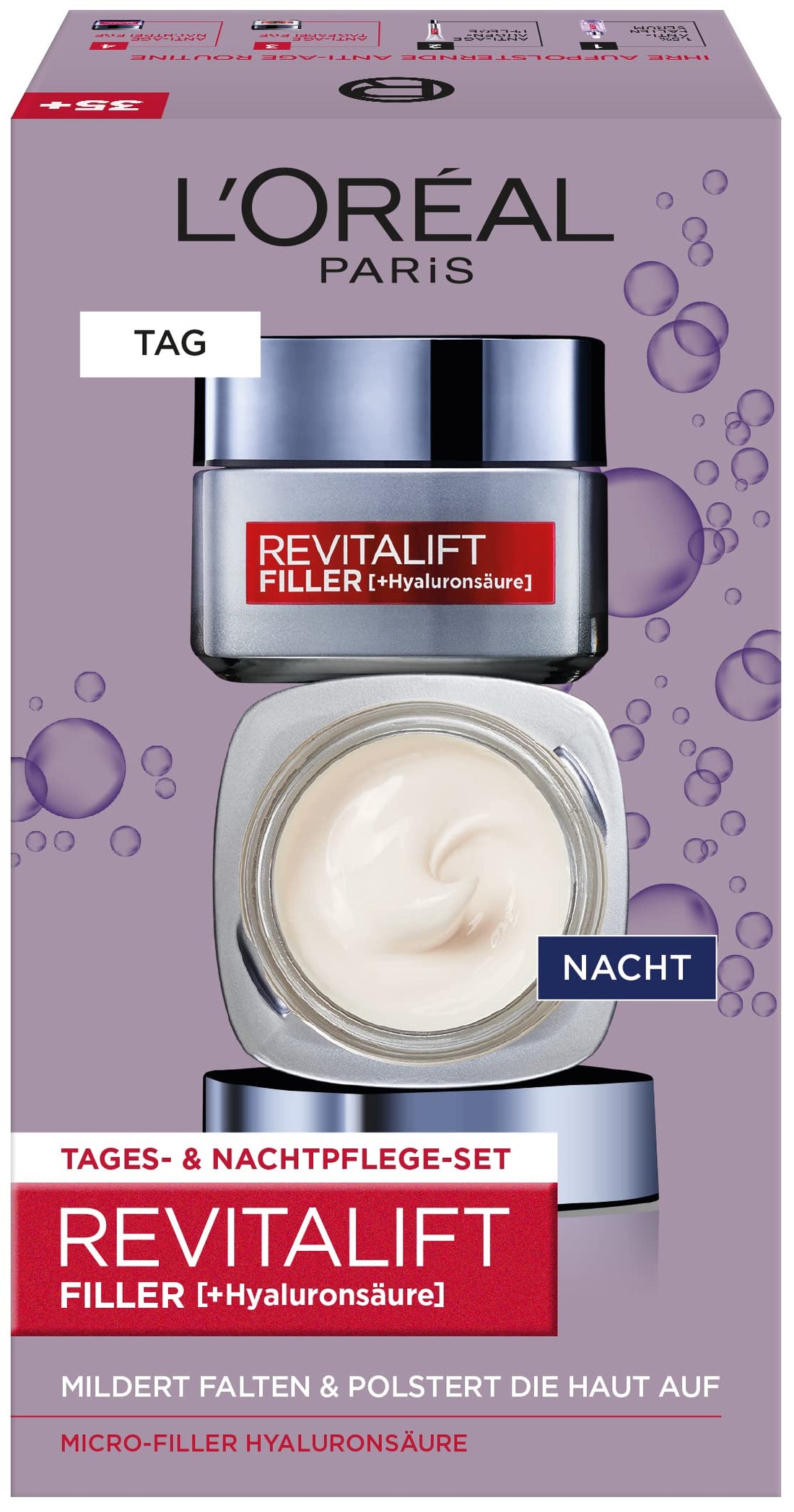 L'Oréal Paris Revitalift Filler Anti-Wrinkle Anti-Aging Day Face Care and Night Care Set with Hyaluronic Acid Microfiller, 2 x 50ml