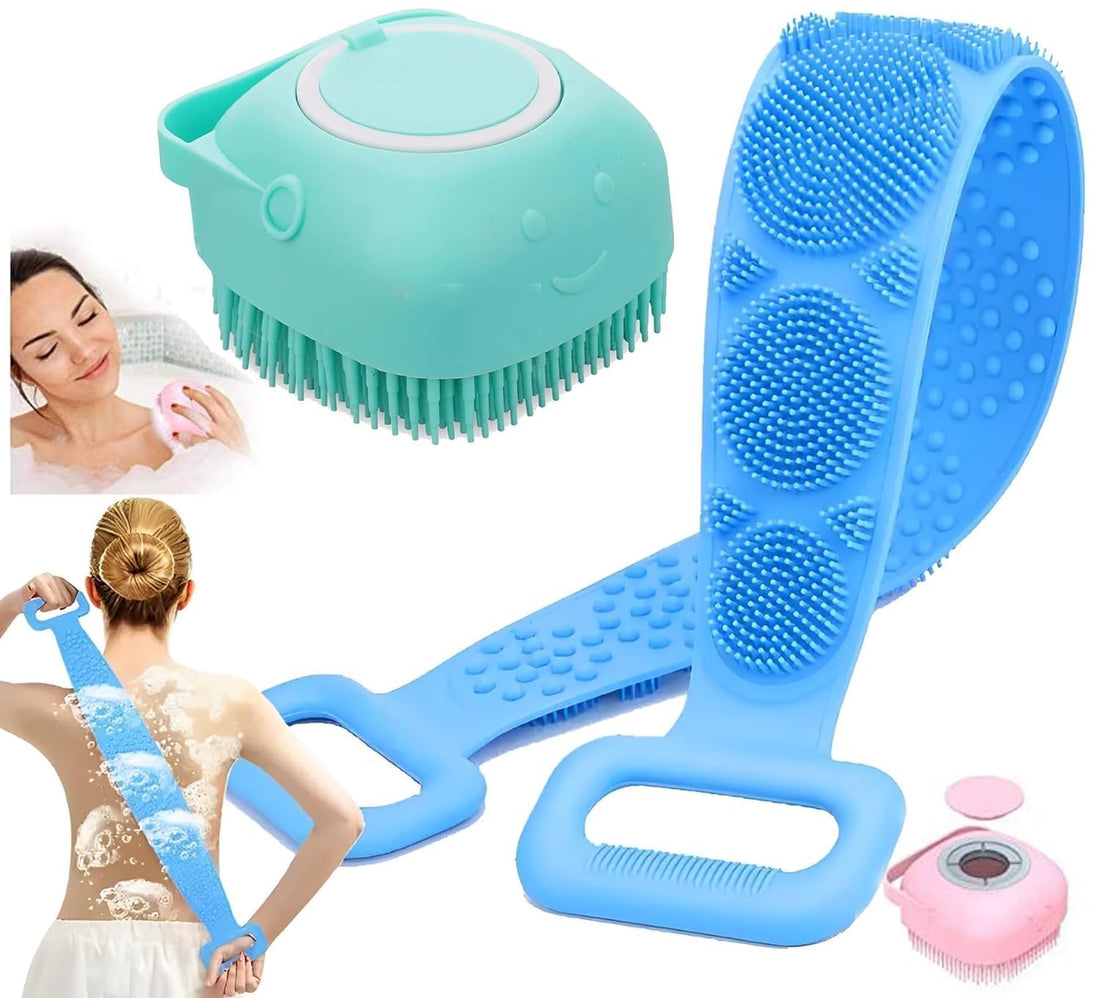 Silicone Body Massage Bath Brush with Soap Dispenser and Silicon Body Back Scrubber & Massager for Deep Cleaning Exfoliating & Massaging Hair Scalp & Body (Multi) (BATH BRUSH)