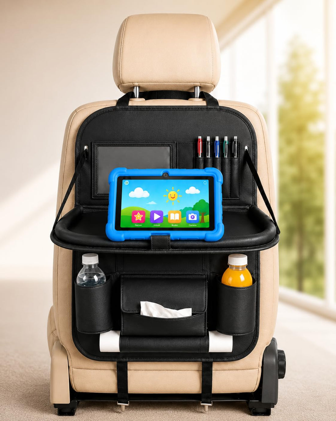 Premium PU Leather Car Seat Organizer – Back Holder & Storage Bag with Multiple Pockets for Car & Kids Stuff Storage – Foldable Table Tray – Easy to Clean & Waterproof