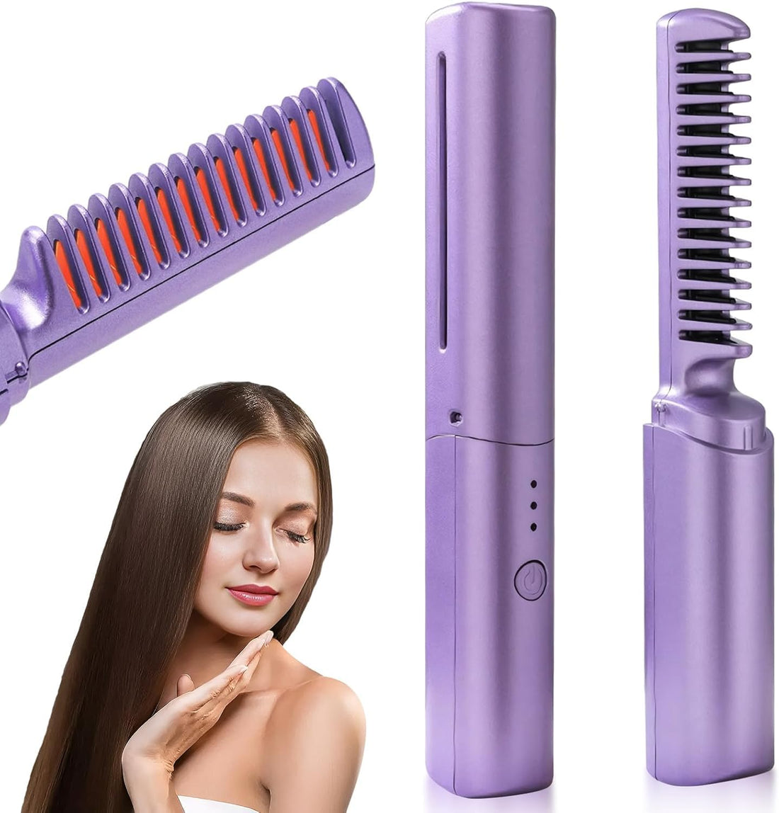 2 in 1 Portable Cordless Electric Hair Straightener Brush, Mini and Light, 3 Adjustable Temperature, Negative Ion Technology Ceramic Design, Easy to Straighten Hair and Beard for Travel (Purple)